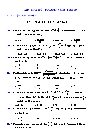 Tài liệu Giải tích Lớp 12 - Mũ. Logarit - Chủ đề 9: Min, max mũ, lôgarit nhiều biến số (Có đáp án)