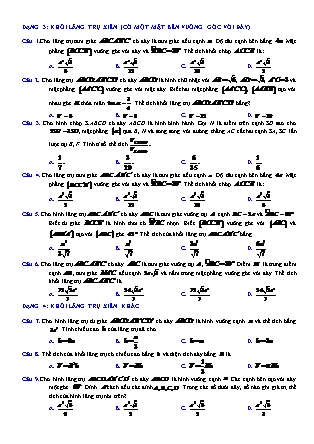 Tài liệu Hình học Lớp 12 - Khối đa diện - Chủ đề 3: Thể tích khối lăng trụ - Dạng 3: Khối lăng trụ xiên có một mặt bên vuông góc với đáy (Có lời giải chi tiết)
