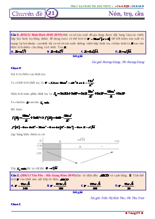 Tổng hợp đề thi học sinh giỏi môn Toán THPT - Vòng 1 - Chuyên đề 21: Nón, trụ, cầu - Năm học 2018-2019 (Có đáp án)