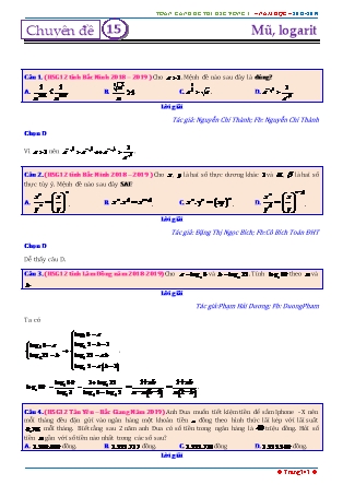 Tổng hợp đề thi học sinh giỏi môn Toán THPT - Vòng 1 - Chuyên đề 15: Mũ, Logarit - Năm học 2018-2019 (Có đáp án)