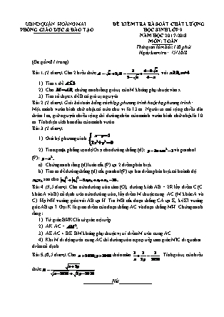 Đề kiểm tra rà soát chất lượng học sinh Lớp 9 môn Toán - Năm học 2017-2018