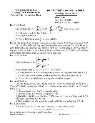 Đề thi thử vào lớp 10 THPT môn Toán - Năm học 2018-2019 - Trường THCS Mạc Đĩnh Chi (Có đáp án)