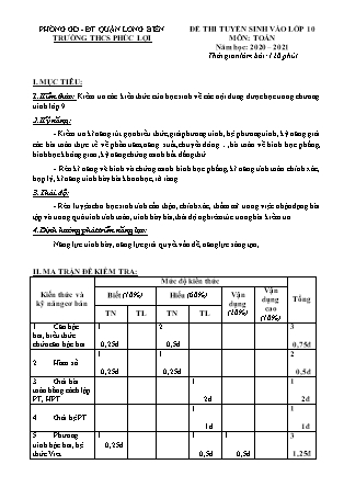 Đề thi thử vào lớp 10 THPT môn Toán - Năm học 2020-2021 - Trường THCS Phúc Lợi (Có đáp án)