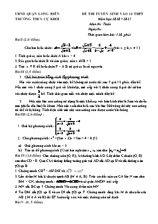 Đề thi tuyển sinh vào Lớp 10 THPT môn Toán - Năm học 2020-2021 - Trường THCS Cự Khối (Có đáp án)