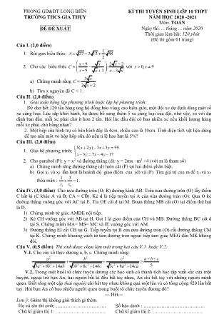 Đề thi tuyển sinh vào lớp 10 THPT môn Toán - Năm học 2020-2021 - Trường THCS Gia Thụy