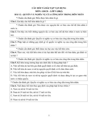 Câu hỏi và bài tập vận dụng Giáo dục công dân Lớp 9 - Học kì II - Bài 12: Quyền và nghĩa vụ của công dân trong hôn nhân