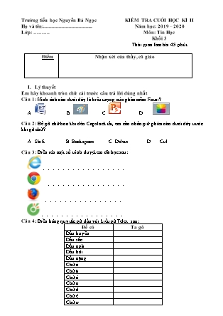 Đề kiểm tra cuối học kì II môn Tin học Khối 3 - Năm học 2019-2020 - Trường Tiểu học Nguyễn Bá Ngọc (Có đáp án)