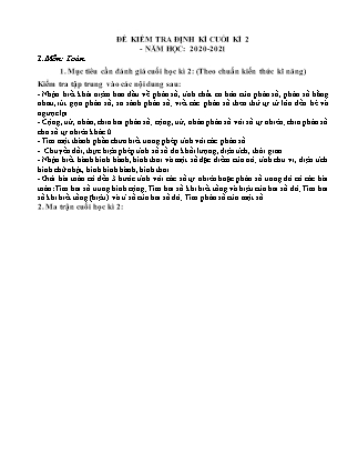 Đề kiểm tra định kì cuối kì 2 môn Toán Lớp 4 - Năm học 2020-2021 - Trường Tiểu học Nguyễn Bá Ngọc (Có đáp án)