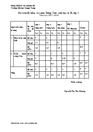 Đề kiểm tra cuối học kì II môn Tiếng Việt Lớp 5 - Năm học 2017-2018 - Trường Tiểu học Quang Trung (Có đáp án)