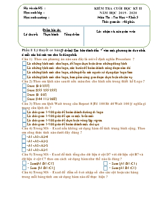 Đề kiểm tra cuối học kỳ II môn Tin học Khối 5 - Năm học 2019-2020