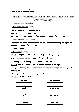 Đề kiểm tra định kì cuối kì I môn Tiếng Việt, Toán Lớp 1 - Năm học 2019-2020 - Trường Tiểu học Quang Trung (Có đáp án)