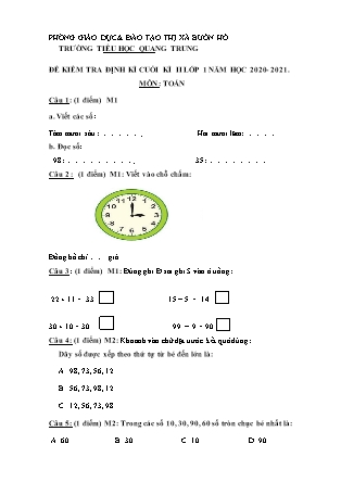 Đề kiểm tra định kì cuối kì II môn Toán Lớp 1 - Năm học 2020-2021 - Trường Tiểu học Quang Trung (Có đáp án)