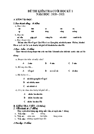 Đề thi kiểm tra cuối học kỳ 1 môn Tiếng Việt Lớp 1 - Năm học 2020-2021 (Có đáp án)