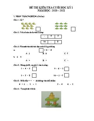 Đề thi kiểm tra cuối học kỳ 1 môn Toán Lớp 1 - Năm học 2020-2021 (Có đáp án)