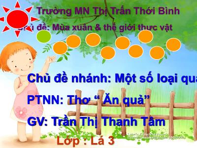 Bài giảng Mầm non Lớp Lá - Chủ đề: Mùa xuân & thế giới thực vật. Chủ đề nhánh: Một số loại quả. Đề tài: Thơ “Ăn quả” - Trần Thị Thanh Tâm