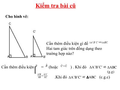 Bài giảng Toán Khối 8 - Bài 8: Các trường hợp đồng dạng của tam giác vuông