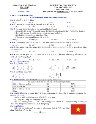 Đề kiểm tra cuối học kì I môn Toán Lớp 7 - Năm học 2022-2023 - Sở GD&ĐT Bắc Ninh (Kèm đáp án)