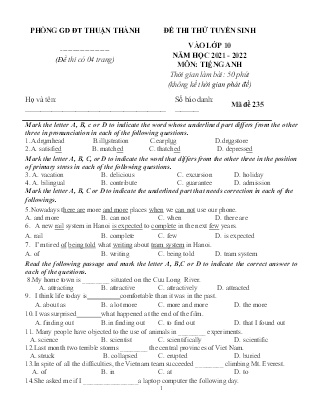 Đề thi thử tuyển sinh vào Lớp 10 môn Tiếng Anh Lớp 9 - Mã đề: 235 - Năm học 2021-2022 - Phòng GD&ĐT Thuận Thành (Có đáp án)
