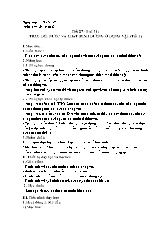 Giáo án Khoa học tự nhiên Lớp 7 - Tiết 27, Bài 31: Trao đổi nước và chất dinh dưỡng ở động vật (Tiết 2) - Năm học 2022-2023 - Trường THCS Tam Giang
