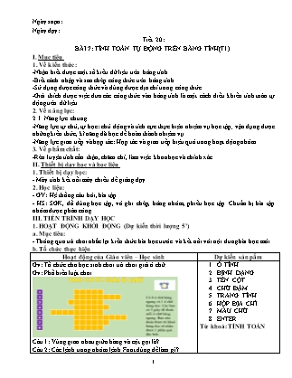 Giáo án Tin học Lớp 7 - Tiết 20, Bài 7: Tính toán tự động trên bảng tính (Tiết 1)