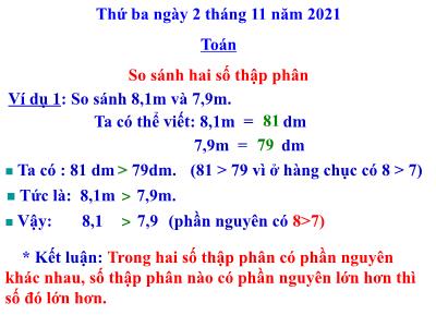 Bài giảng môn Toán Lớp 5 - So sánh hai số thập phân - Năm học 2021-2022