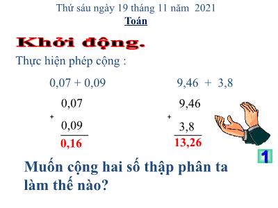 Bài giảng môn Toán Lớp 5 - Tổng nhiều số thập phân - Năm học 2021-2022