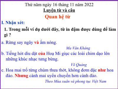 Bài giảng Tiếng Việt Lớp 5 (Luyện từ và câu) - Tuần 11: Quan hệ từ - Năm học 2022-2023