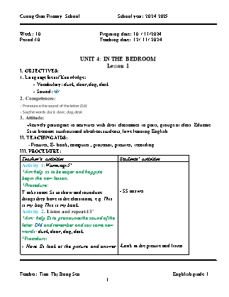 Giáo án Tiếng Anh Lớp 1 - Tuần 10 - Unit 4: In the bedroom - Lesson 1. Period 10 - Năm học 2024-2025 - Tran Thi Bong Sen