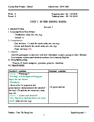 Giáo án Tiếng Anh Lớp 1 - Tuần 5. Unit 2: In the dining room - Lesson 2. Period 5 - Năm học 2024-2025 - Tran Thi Bong Sen