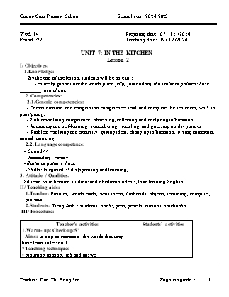 Giáo án Tiếng Anh Lớp 2 - Tuần 14 - Unit 7: In the kitchen - Năm học 2024-2025 - Tran Thi Bong Sen