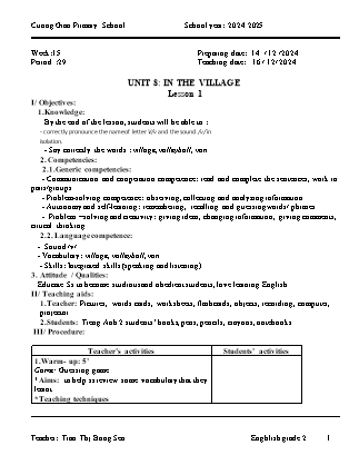 Giáo án Tiếng Anh Lớp 2 - Tuần 15 - Unit 8: In the village - Năm học 2024-2025 - Tran Thi Bong Sen