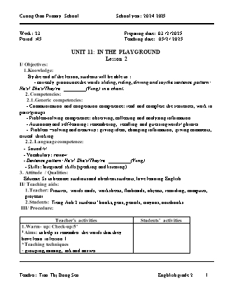 Giáo án Tiếng Anh Lớp 2 - Tuần 23 - Unit 11: In the playground - Năm học 2024-2025 - Tran Thi Bong Sen
