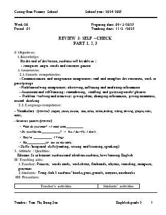 Giáo án Tiếng Anh Lớp 2 - Tuần 26 - Review 3: Self check - Năm học 2024-2025 - Tran Thi Bong Sen