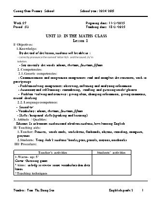 Giáo án Tiếng Anh Lớp 2 - Tuần 27 - Unit 13: In the maths class - Năm học 2024-2025 - Tran Thi Bong Sen