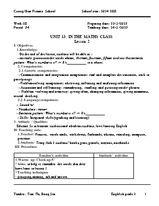 Giáo án Tiếng Anh Lớp 2 - Tuần 28 - Unit 13: In the maths class - Năm học 2024-2025 - Tran Thi Bong Sen