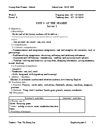 Giáo án Tiếng Anh Lớp 2 - Tuần 5. Unit 3: At the seaside - Lesson 1. Period 9 - Năm học 2024-2025 - Tran Thi Bong Sen