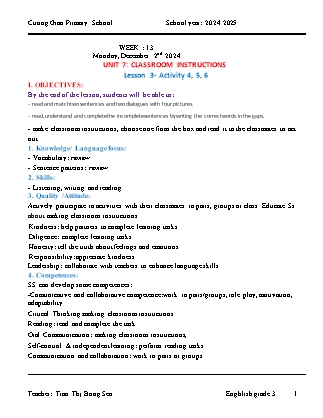 Giáo án Tiếng Anh Lớp 3 - Tuần 13 - Unit 7 + Unit 8 - Năm học 2024-2025 - Tran Thi Bong Sen