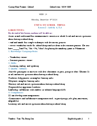 Giáo án Tiếng Anh Lớp 3 - Tuần 14 - Unit 8 + Unit 9 - Năm học 2024-2025 - Tran Thi Bong Sen