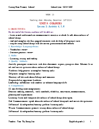 Giáo án Tiếng Anh Lớp 3 - Tuần 15 - Unit 9: Colours - Năm học 2024-2025 - Tran Thi Bong Sen