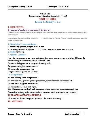 Giáo án Tiếng Anh Lớp 3 - Tuần 21 - Unit 12: Jobs - Năm học 2024-2025 - Tran Thi Bong Sen