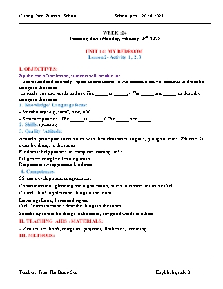 Giáo án Tiếng Anh Lớp 3 - Tuần 24 - Unit 14: My bedroom - Năm học 2024-2025 - Tran Thi Bong Sen