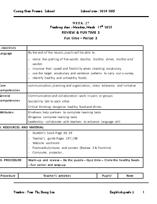 Giáo án Tiếng Anh Lớp 3 - Tuần 27 - Unit 16: My pets - Năm học 2024-2025 - Tran Thi Bong Sen