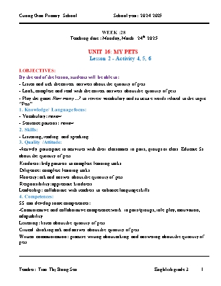Giáo án Tiếng Anh Lớp 3 - Tuần 28 - Unit 16 + Unit 17 - Năm học 2024-2025 - Tran Thi Bong Sen