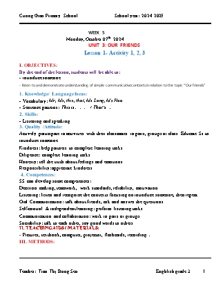 Giáo án Tiếng Anh Lớp 3 - Tuần 5. Unit 3: Our friends - Lesson 2 - Năm học 2024-2025 - Tran Thi Bong Sen