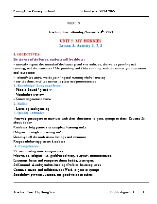 Giáo án Tiếng Anh Lớp 3 - Tuần 9 - Unit 5. Lesson 3: My hobbies - Năm học 2024-2025 - Tran Thi Bong Sen
