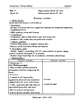 Giáo án Tiếng Anh Lớp 4 - Tuần 27 - Unit 16 + Unit 17 - Năm học 2024-2025 - Tran Thi Bong Sen