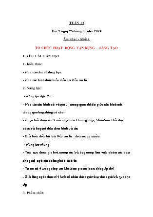 Kế hoạch bài dạy Âm nhạc & Hoạt động trải nghiệm Lớp 4 + Lớp 1 - Tuần 12 - Năm học 2024-2025 - Nguyễn Thị Hằng