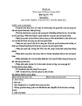 Kế hoạch bài dạy Đạo đức Lớp 2 + Lớp 4 - Tuần 16 - Năm học 2024-2025 - Phan Xuân Hiệp