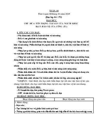 Kế hoạch bài dạy Đạo đức Lớp 2 + Lớp 4 - Tuần 18 - Năm học 2024-2025 - Phan Xuân Hiệp