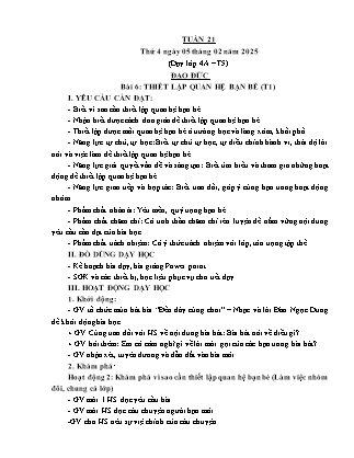 Kế hoạch bài dạy Đạo đức Lớp 2 + Lớp 4 - Tuần 21 - Năm học 2024-2025 - Phan Xuân Hiệp